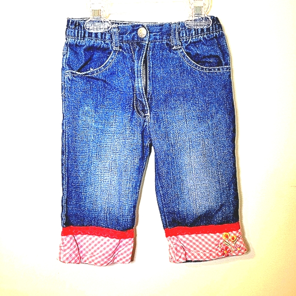 Nannette Girls Blue Denim Jeans with Pink Gingham Cuffs